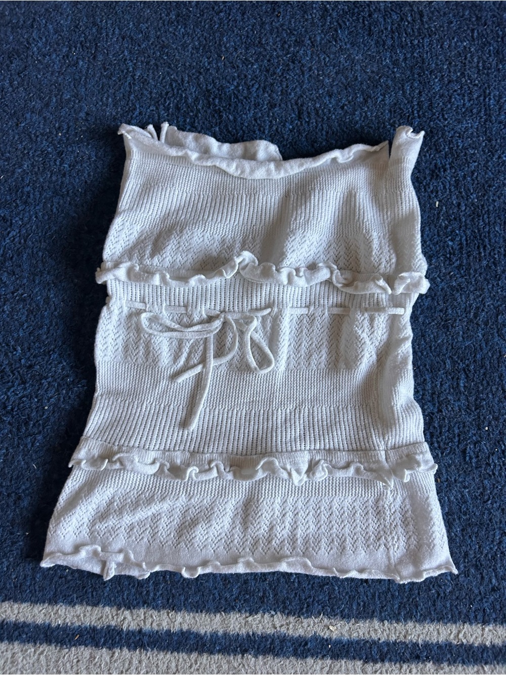 White Ruffled Knit Strapless Crop Top with Waist Tie